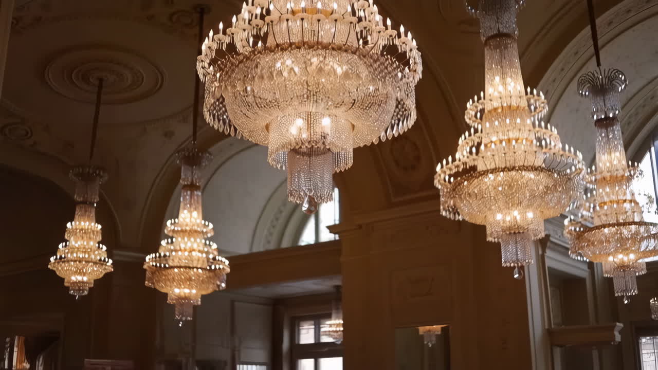 Ornate Crystal Chandeliers in a Grand Hall