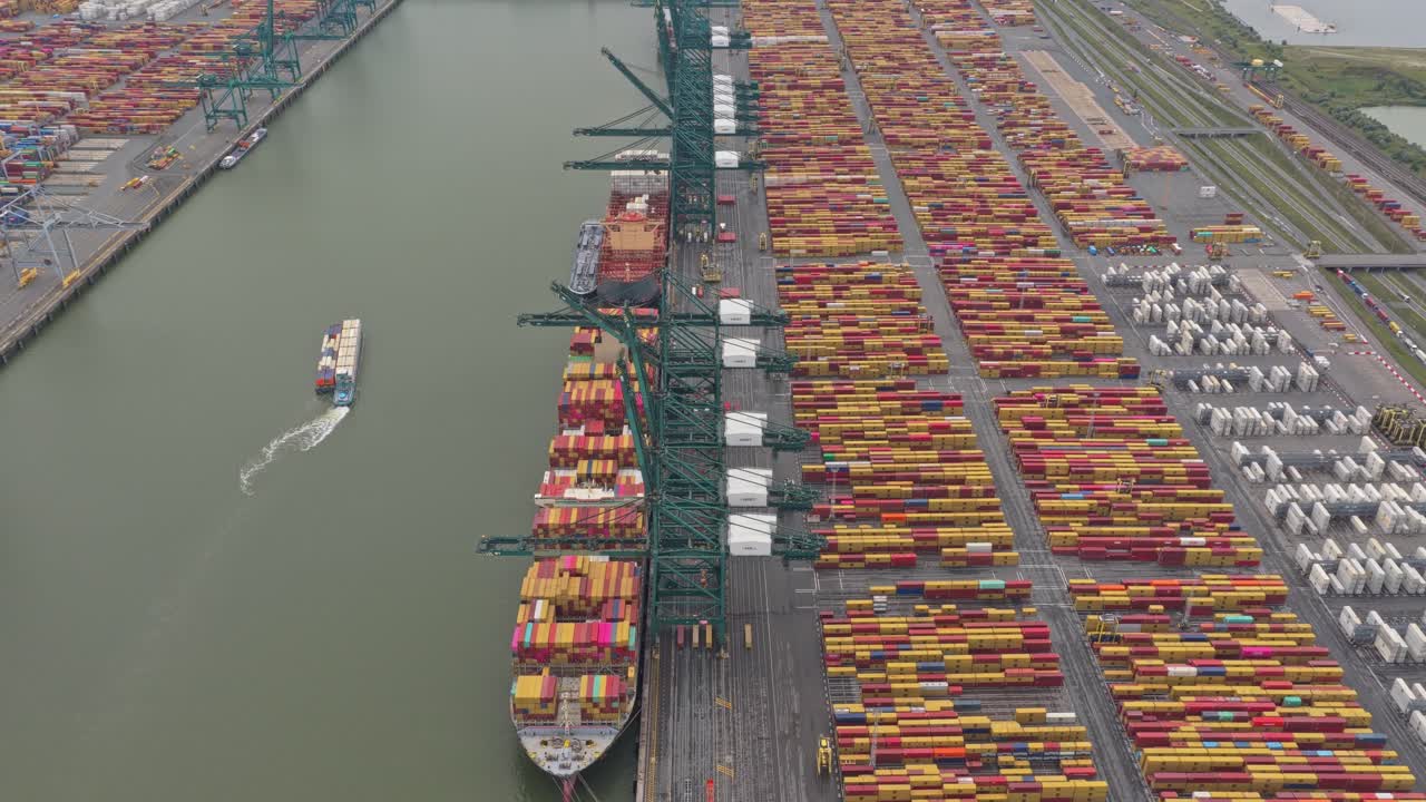 Aerial drone of container import export facility at shipping docks