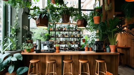 a bar with wooden tables and chairs in front of a window