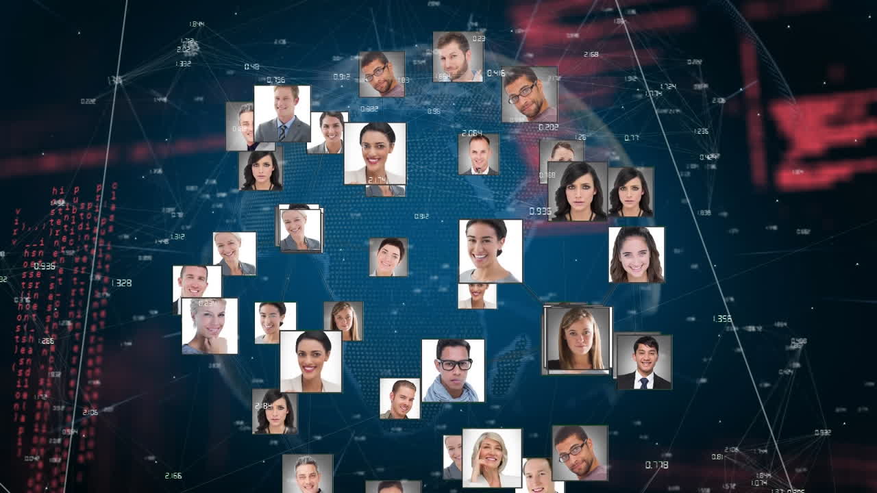 animación del globo con una red de conexiones y fotos de personas