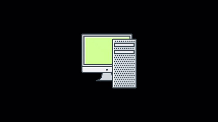 Animierte Illustration eines Desktop-Computer-Monitors und PC-Gehäuses