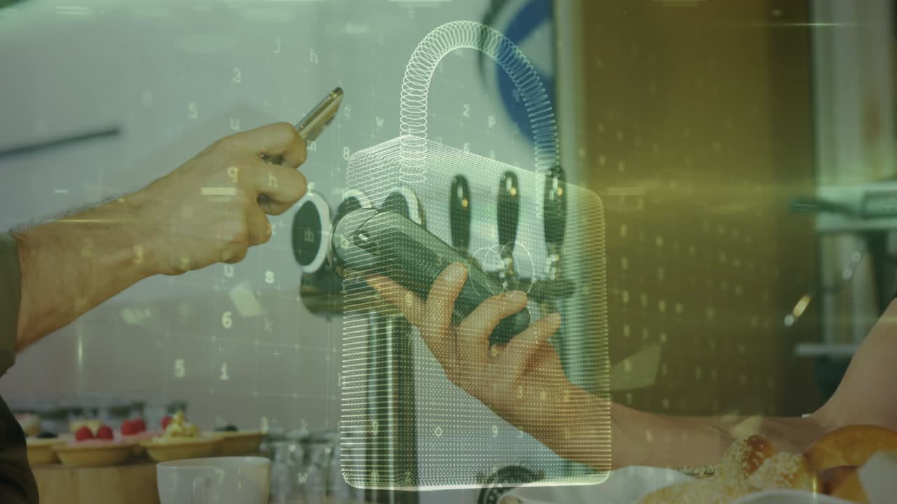 animación del candado de seguridad de la red sobre las personas que utilizan el terminal de pago