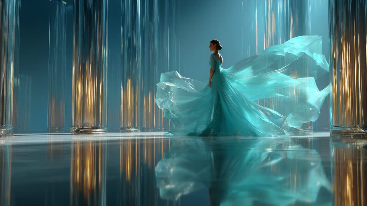 A graceful figure captures the enchanting beauty of flowing fabric against a backdrop of shimmering pillars, embodying elegance and movement in an ethereal visual experience