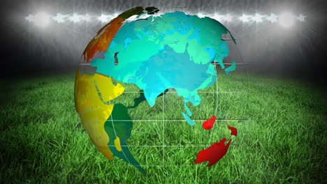 animation of globe rotating over sports stadium