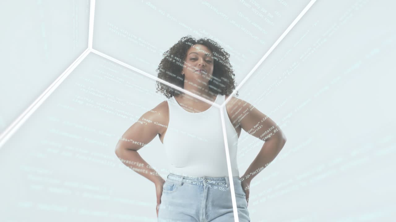 Woman posing in white cube while rotating wireframe projecting code on torso, modeling tech ad