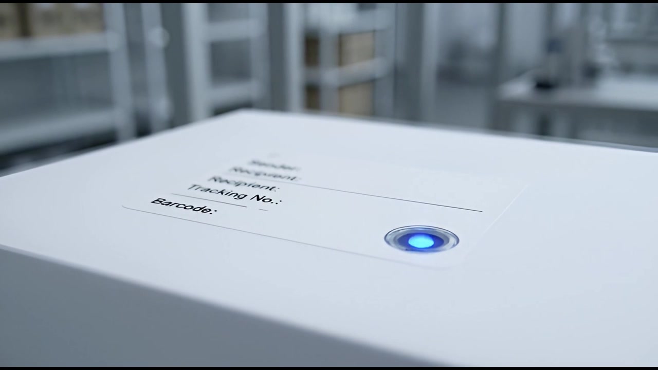 White Package with Glowing Blue Sensor and Tracking Label