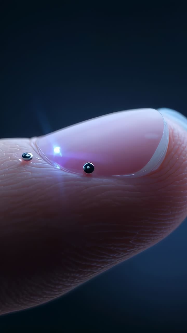 Video verticale: primo piano macro di dita che muovono perline nere francesi con impulsi blu che formano goccioline