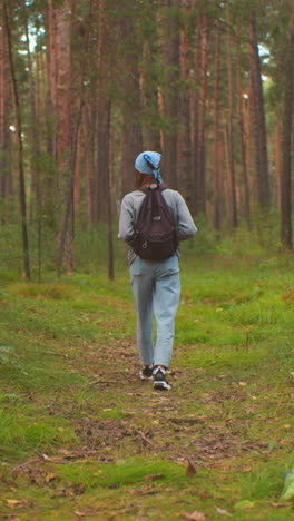 vista de atrás de la dama caminando a través de un camino de bosque sereno, con una mochila y sosteniéndola y bandana azul, rodeada de vegetación exuberante y árboles altos