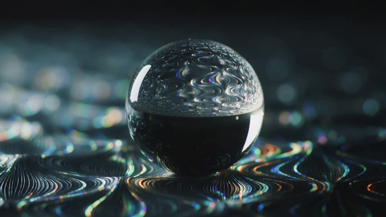 Revealing glass sphere bending point-light highlights as camera zooming in studio on rippled plane