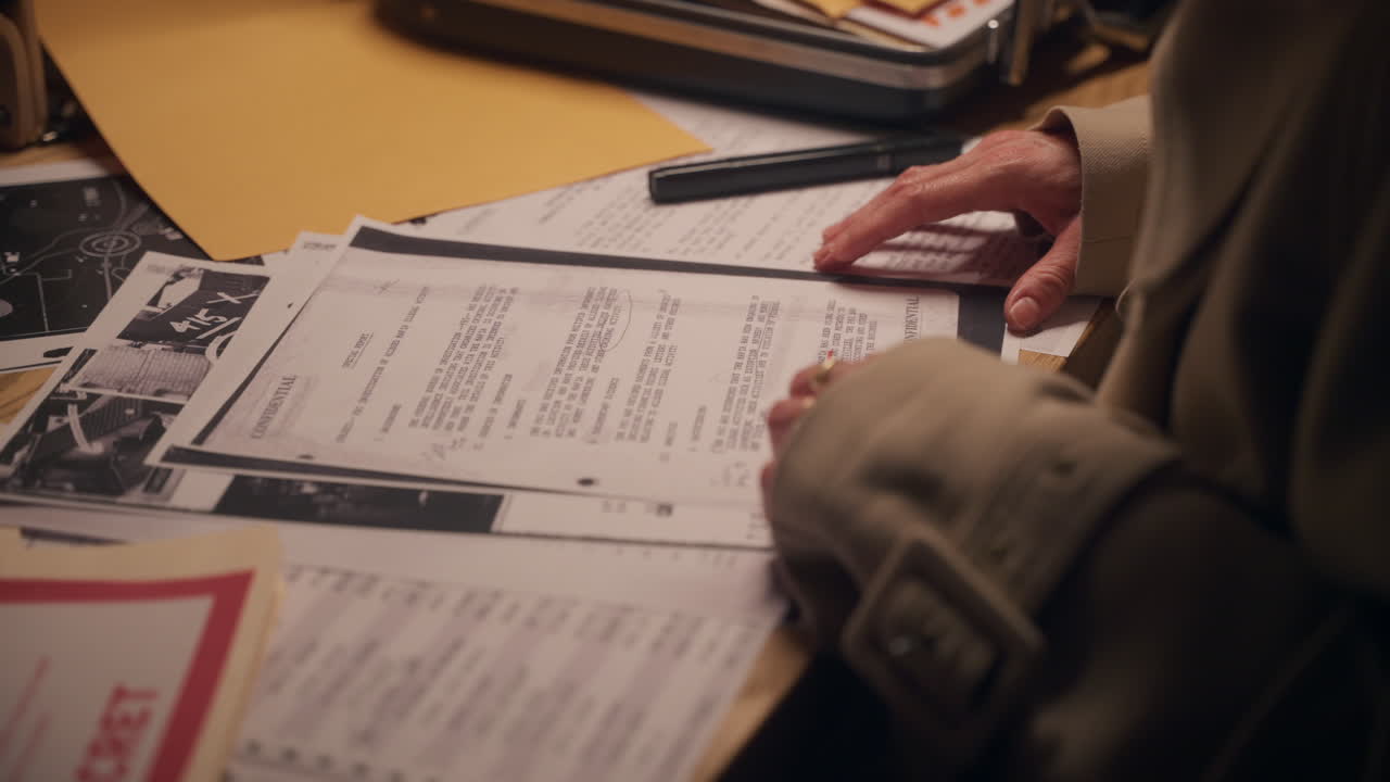 Female agent or spy looking at secret classified documents and reports on desk. Investigation or data leak of important government intelligence or surveillance memos revealed. Reads censored text file