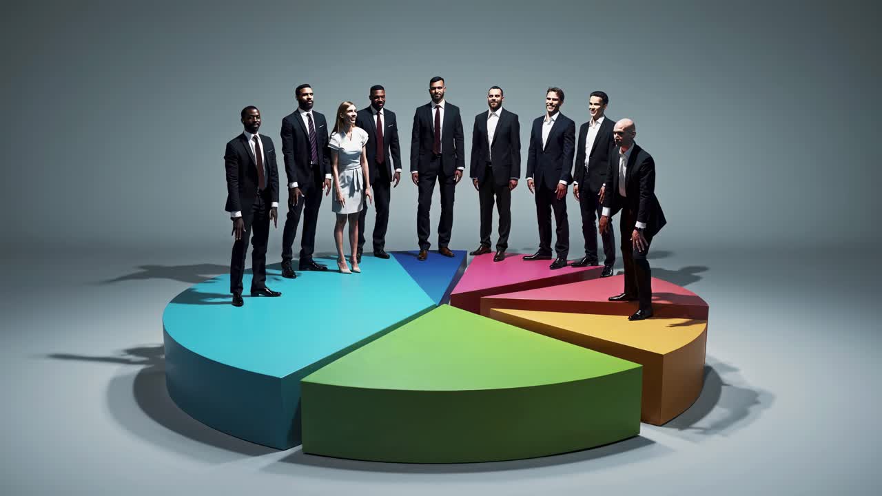 equipo de negocios diverso celebrando el éxito en un gráfico de pastel