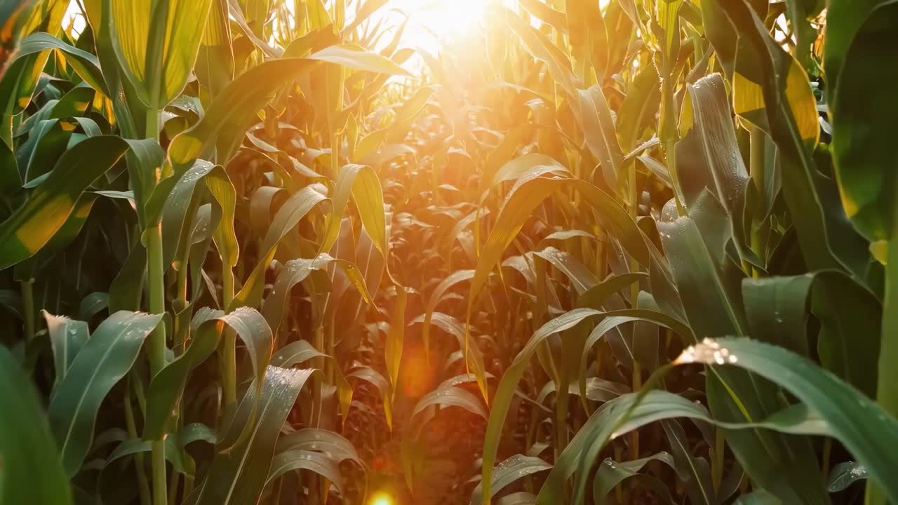 Un video cinematografico cattura una visuale dal basso di un campo di grano illuminato dal sole, mettendo in risalto le foglie coperte di rugiada.