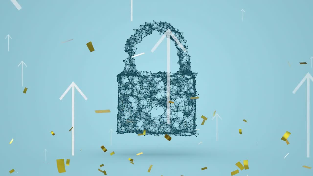 파란색 배경에 디지털  ⁇ 락과 화살표 위에 떨어지는 콘페티의 애니메이션