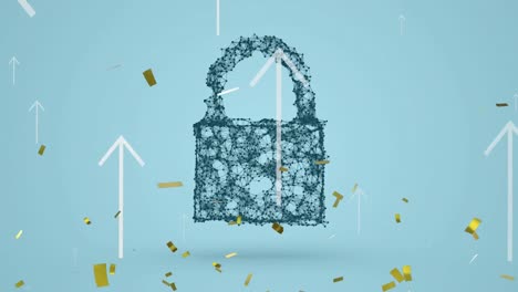 animation of confetti falling over digital padlock and arrows on blue background