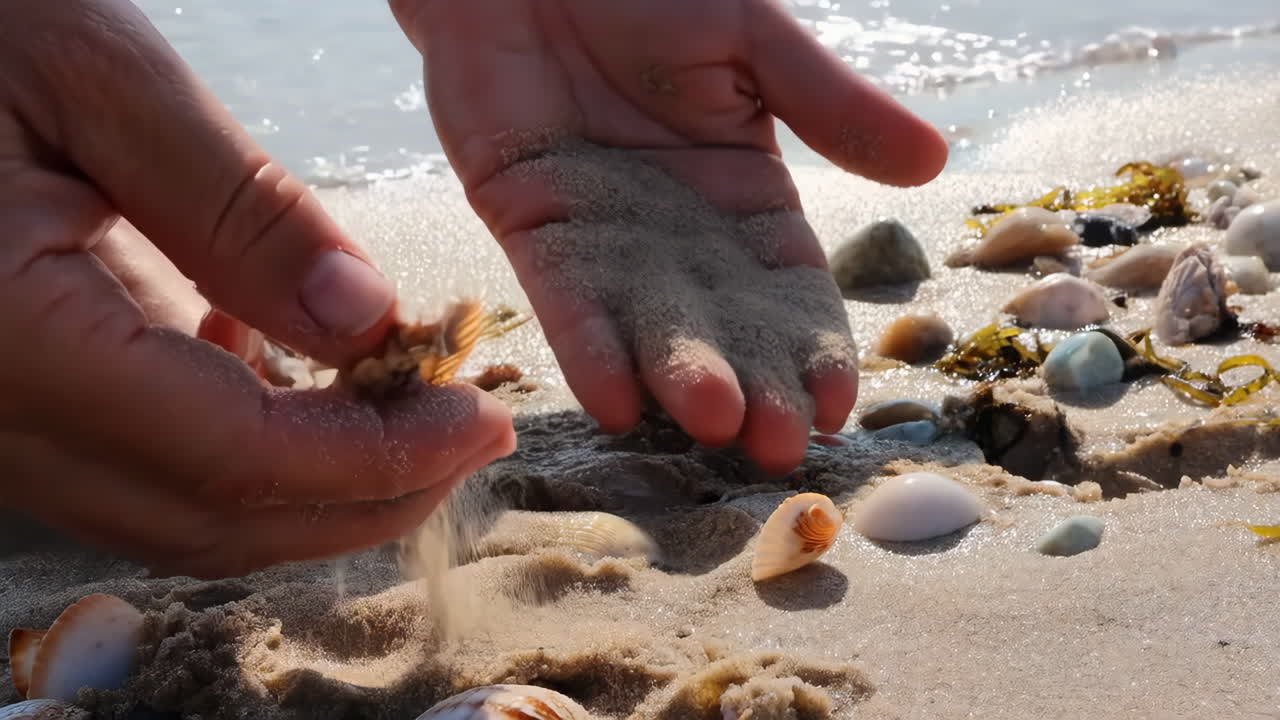 Hands collecting seashells and sand on a sunny beach