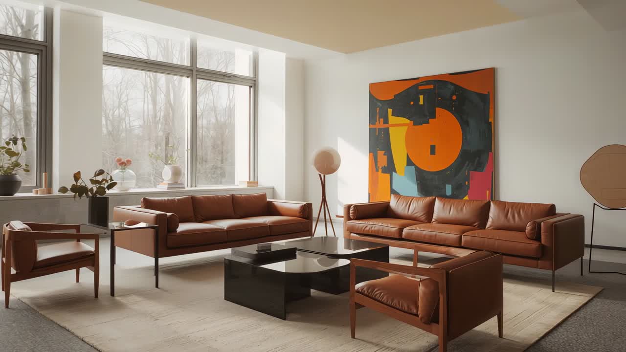 Panning camera revealing living room, brown leather furniture, coffee table and abstract painting