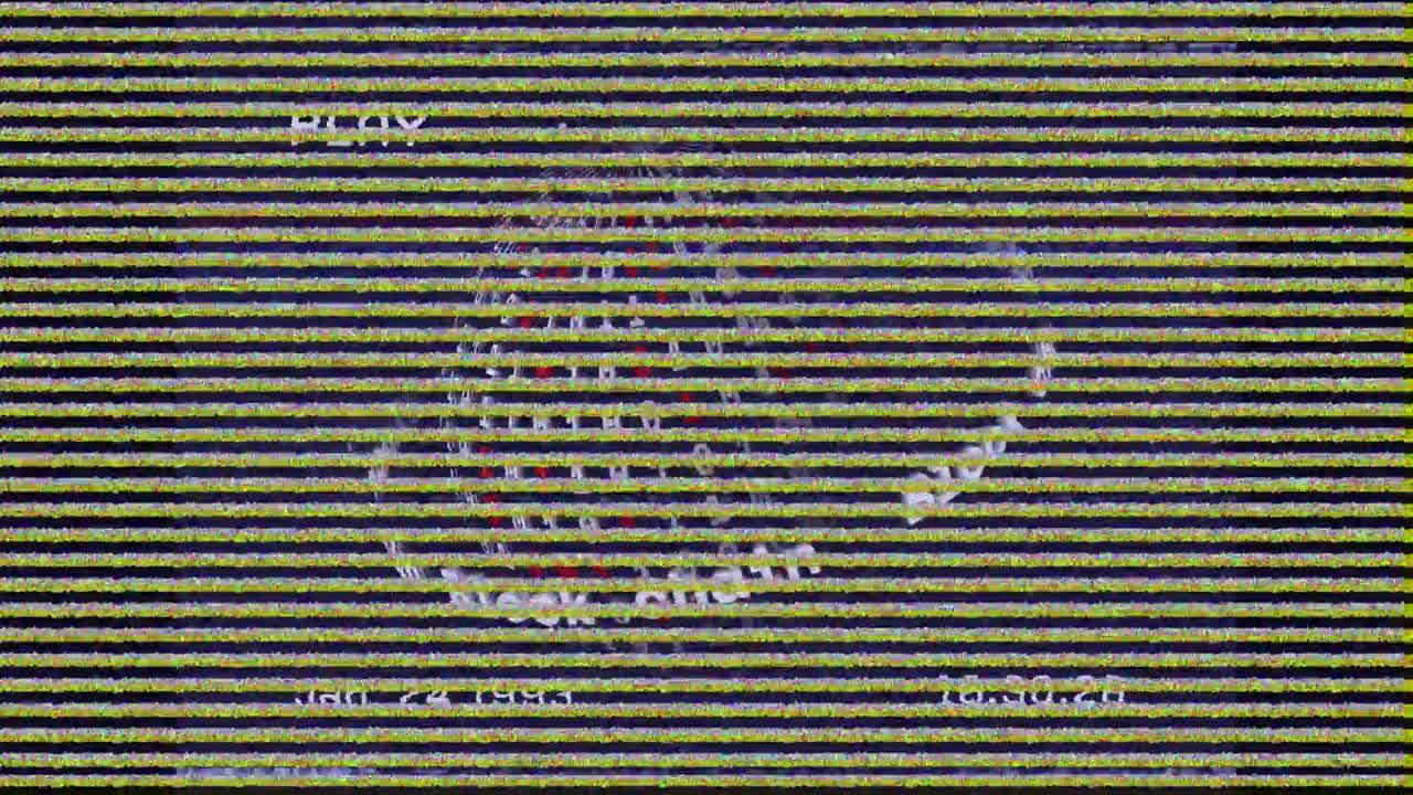 Logo a globo di console da gioco che si distorce su linee statiche, mostrando icone triangolo, cerchio, quadrato e croce