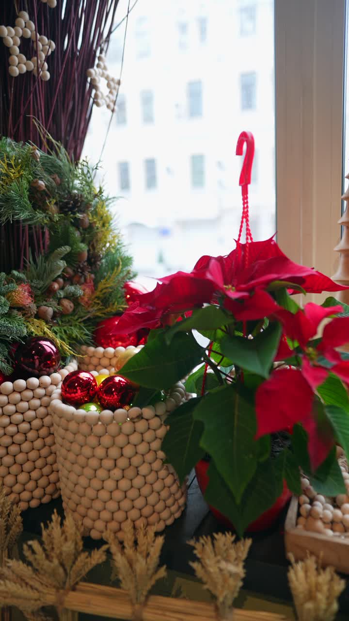 exhibición en la ventana de navidad con coronas y adornos