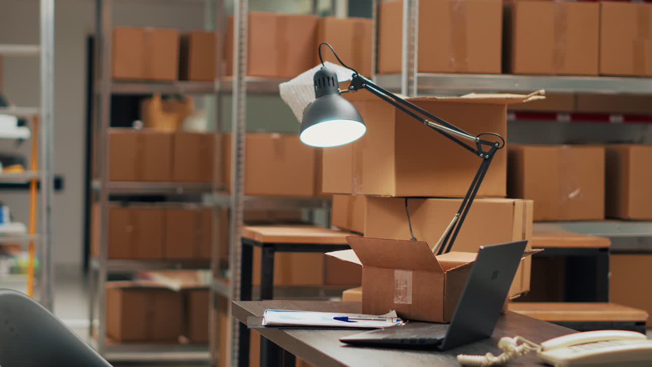 Warehouse Desk with Boxes and Laptop