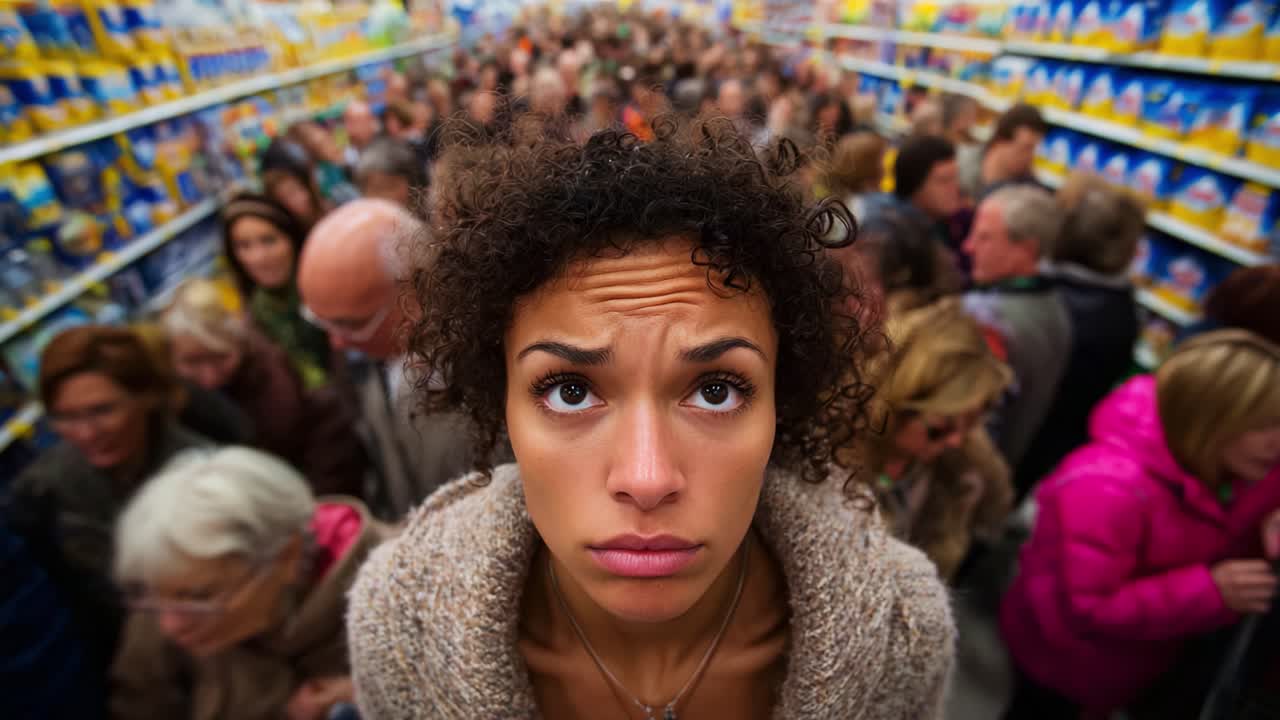 A Woman Stands Alone Amidst a Crowded Supermarket Aisle Filled with Shoppers, Emotion Reflecting Confusion and Overwhelm in a Sea of Products and Faces