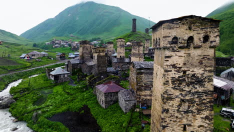 ushguli village in georgia at daytime - drone shot