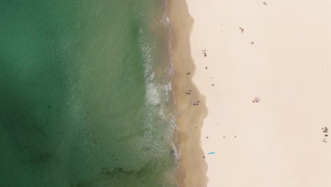 Disparo-Vertical-De-Vacacionistas-En-La-Playa-De-Arena-De-Bondi,-Sydney,-Nsw,-Australia