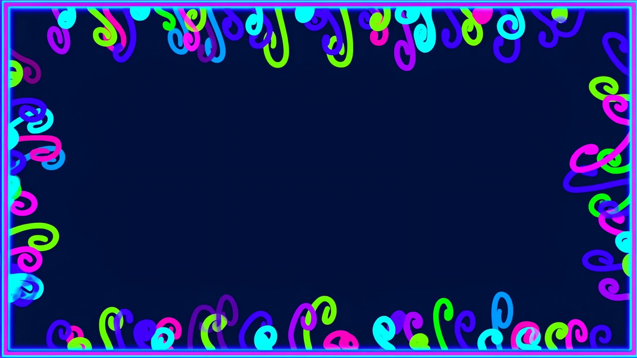 Cachos em ciano brilhante, verde, rosa, roxo e azul se movem ao longo dos quatro lados dentro de contornos retangulares brilhantes, criando uma moldura de festa animada com uma área central escura e espaçosa para texto
