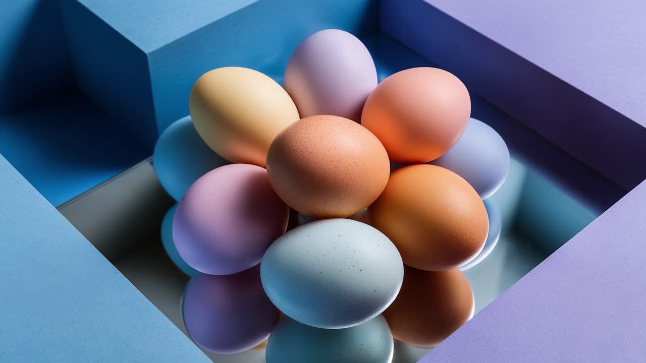 Un encantador arreglo de huevos de colores pastel reposando sobre una superficie reflectante, rodeado de formas geométricas que crean una exhibición artística moderna.