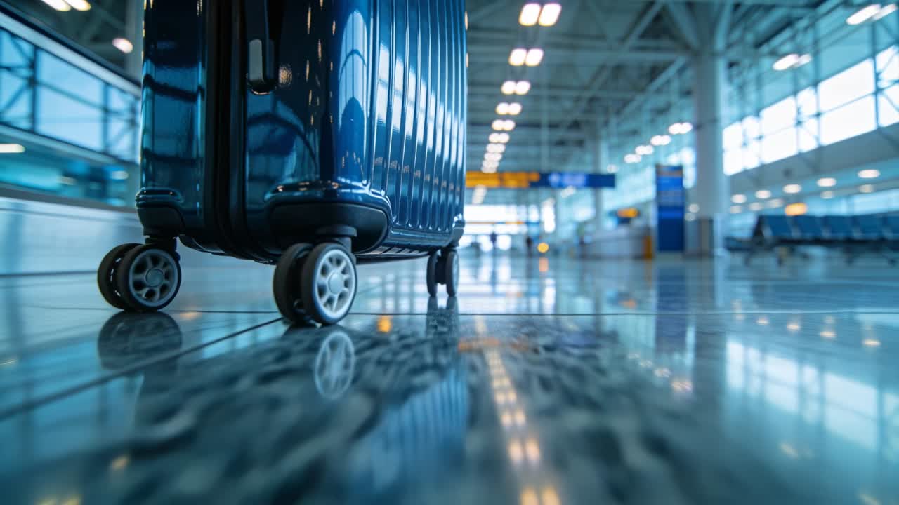 Kutálející se modrý kufr po vyleštěné podlaze, zatímco cestující táhne za rukojeť a směřuje k bráně