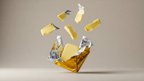 a dynamic display of butter: floating segments elegantly suspended above a gleaming wrapper, capturing the delight of culinary ingredients in motion