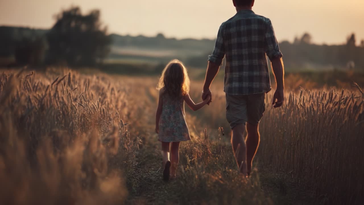 Momenti Toccanti: Un Padre e una Figlia che Passeggiano Mano nella Mano Attraverso un Campo di Grano Dorato Mentre il Sole Tramonta in una Calda Serata.