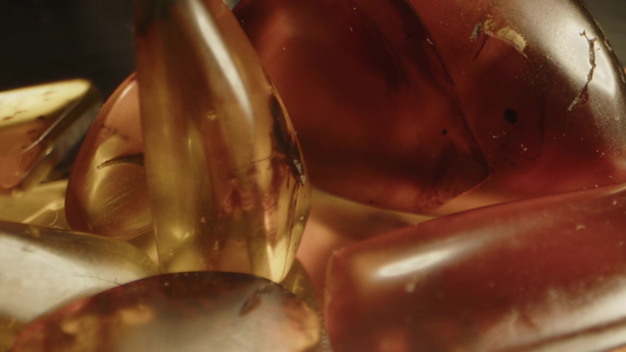 Splendida ripresa macro in dolly di diverse luminose pietre di ambra birmana con insetti preistorici e materiale organico intrappolati nelle gemme