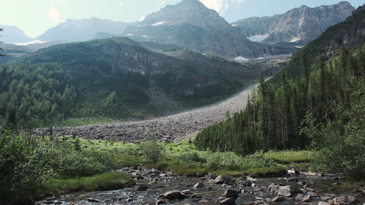 Rocky scree slope descends to a crystal-clear stream fed by melt water from a distant glacier