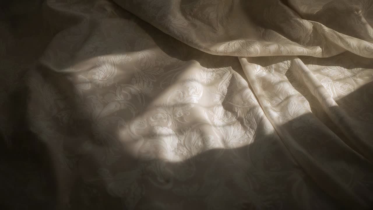 Shifting sunlight through window crossing cream patterned duvet in bedroom as sun moves