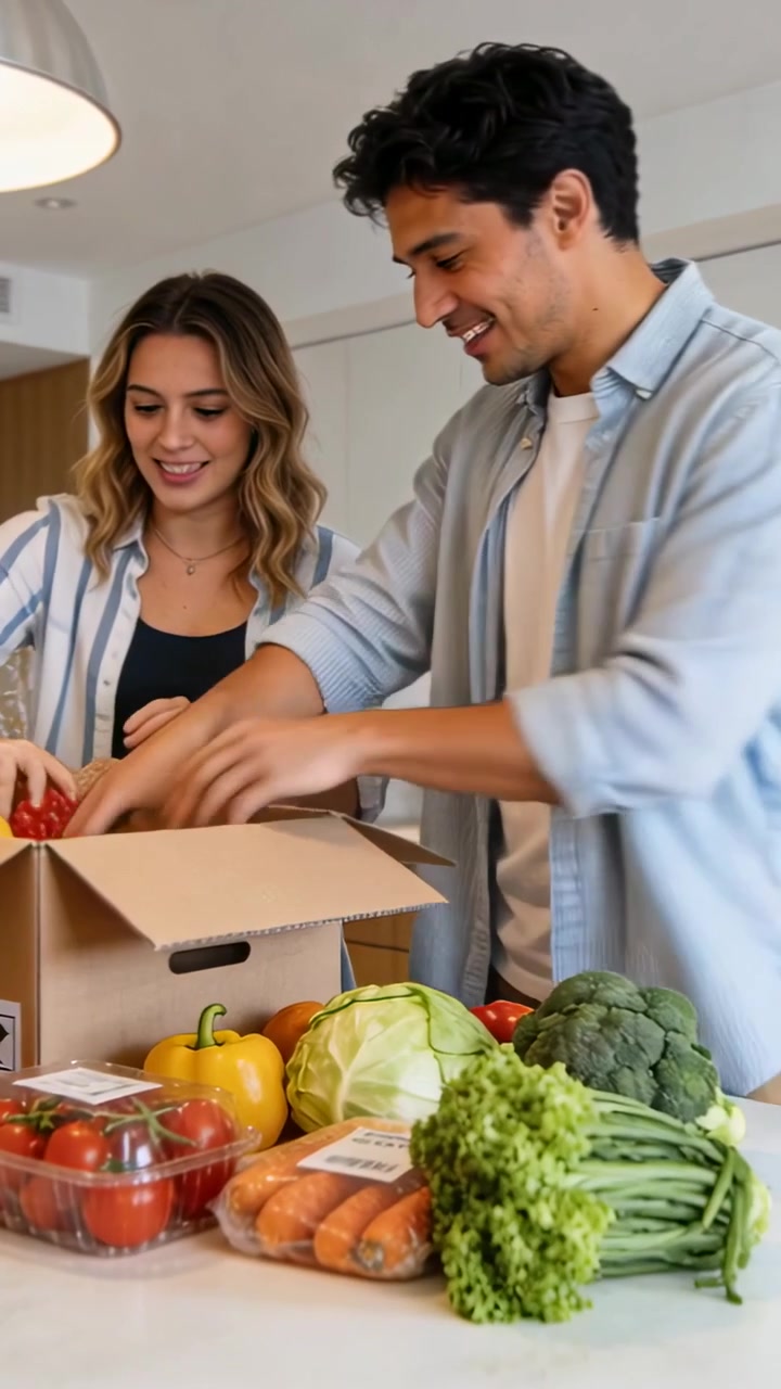 Video vertical: Llega una caja de entrega, una pareja desempacando en casa y colocando lechuga para abastecer la encimera