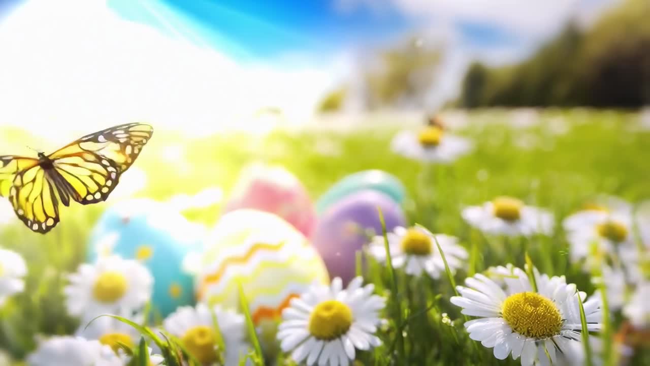 Colorful Easter eggs on grass with daisies, captured from a low angle, video style