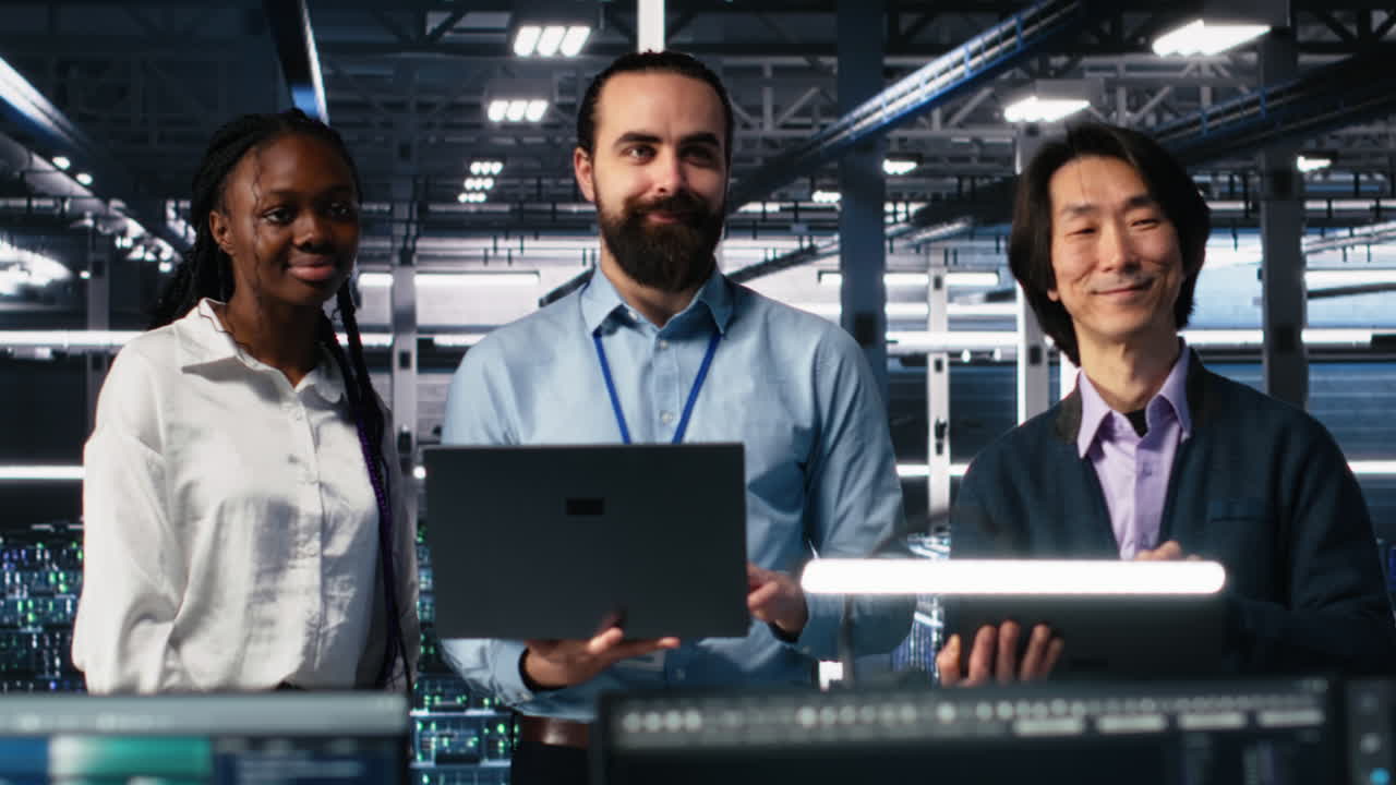 Portrait Of Smiling Engineers In Data Center Code With Generative Ai