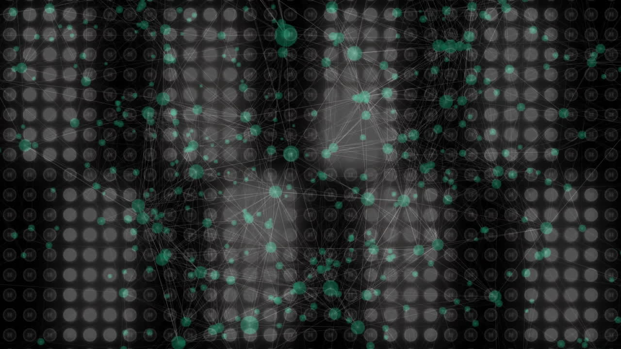 Animation of green nodes and connections forming network on digital background