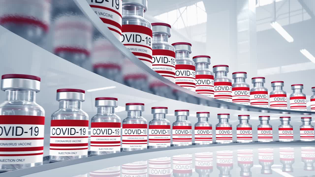 botellas rojas de la vacuna contra el coronavirus covid-19. viales de vidrio con la vacuna sars-cov-2. bucle sin costuras render 3d para edición de video, bucle para edición de vídeo, bucle