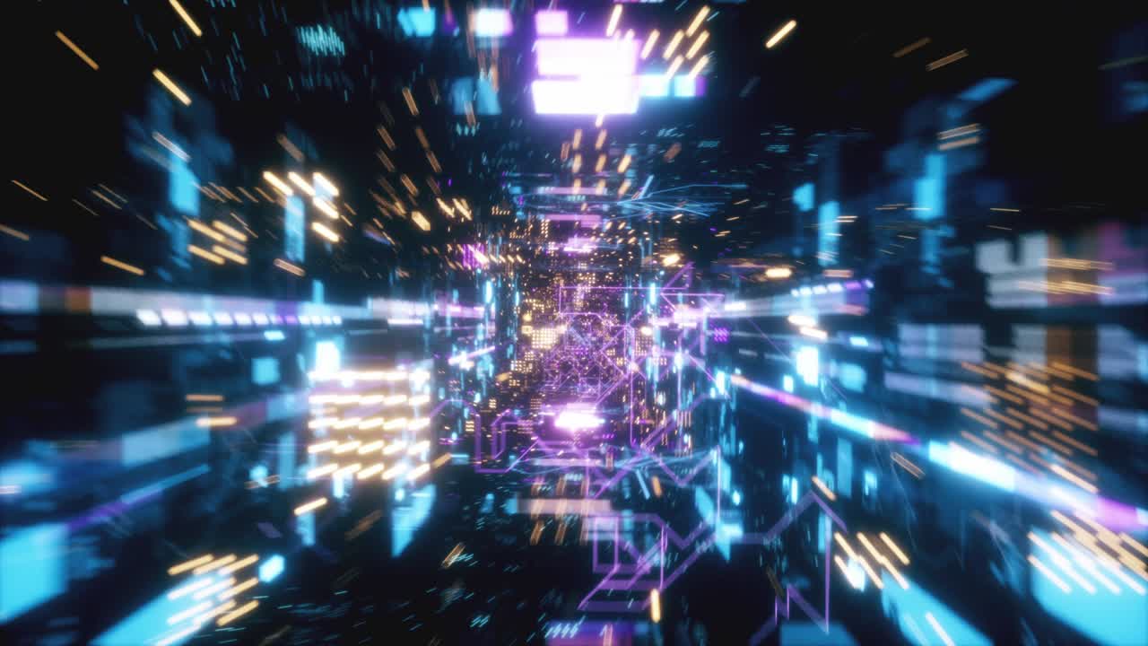 혼란스러운 기술적 미래의 우주 터널에서 날아다닙니다.