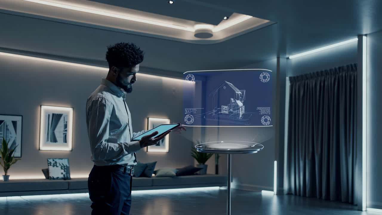 A man interacts with a holographic house blueprint in a modern room