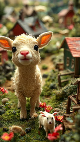 cute lamb in a whimsical miniature village at sunset