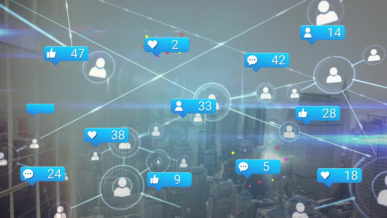 Animazione di una rete di connessioni con reazioni dei social media su un paesaggio urbano