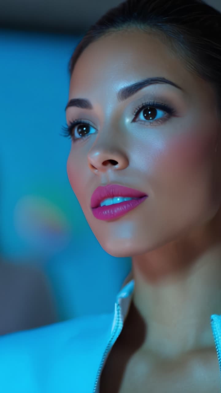 Captivating Portrait of a Woman with Radiant Skin and Graceful Pose Against a Soft Blue Background, Illuminating Her Features and Expressions with a Glamorous Touch