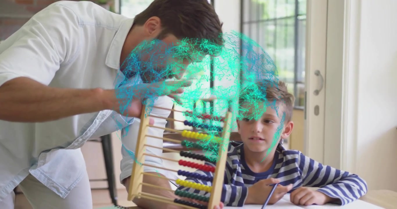 Man leaning over table bringing abacus into view, tilting beads with teal overlay for education