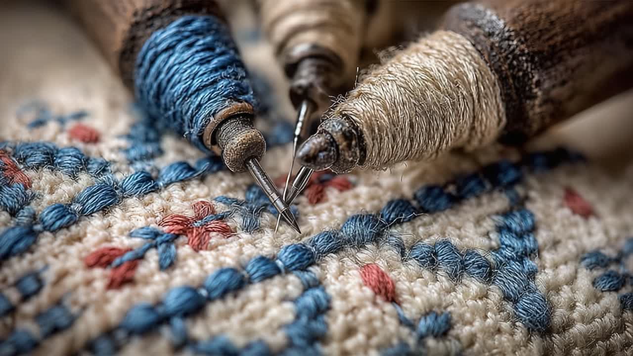 Intricate Craftsmanship: A Close-Up Look at Hand Embroidery Tools on Textile with Detailed Stitching in Textured Threads and Vibrant Colors