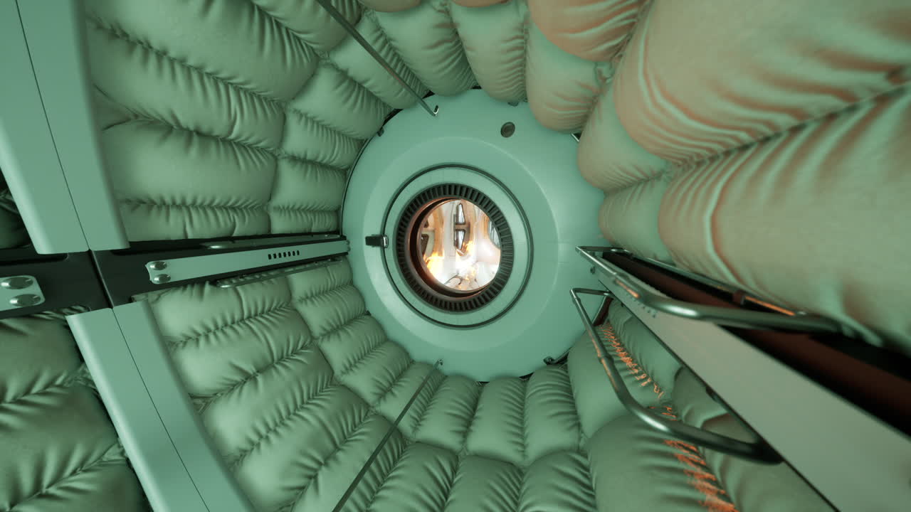 Interior view of a futuristic space station module in low earth orbit