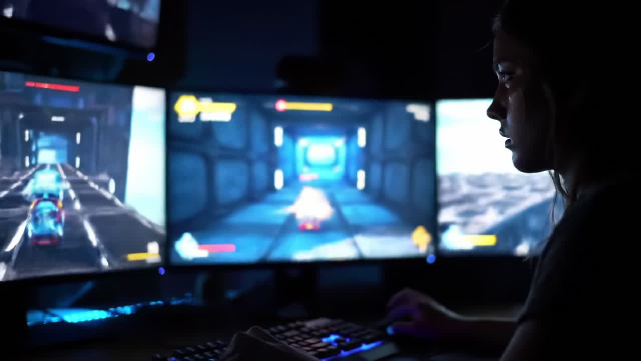 Engaged Gamer Focused on Thrilling Gameplay Across Multiple Monitors During a Night Session in a Dark Room Environment
