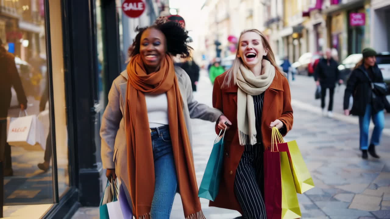 Two happy friends shopping on a bustling city street