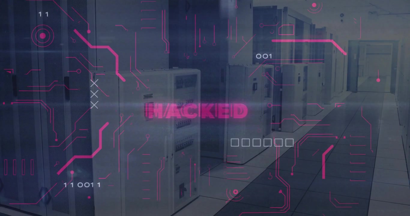 Binary digits scrolling causing glitching HACKED text floating among racks showing data breach